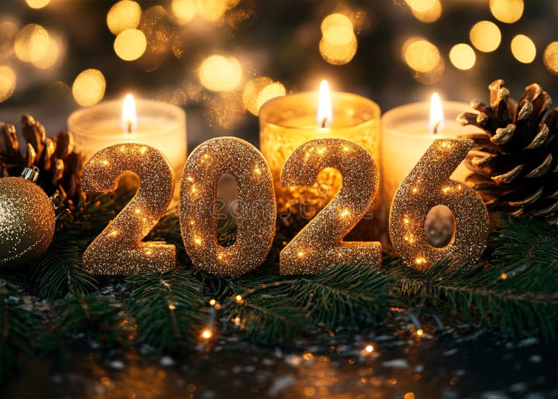 2026年新年快乐的金球和节日蜡烛的亮光 向量例证