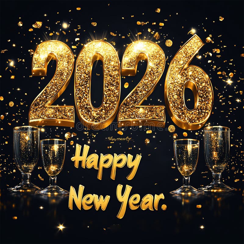 2026年新年贺卡，烟花短信，欢庆的天空中的香槟 库存例证