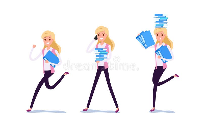 年轻商人字符设计 女商人行动在衣服的套运作在办公室、不同的情感、姿势和赛跑 向量例证 年轻商人字符设计 女商人行动在衣服的套运作在办公室、不同的情感、姿势和赛跑 向量例证