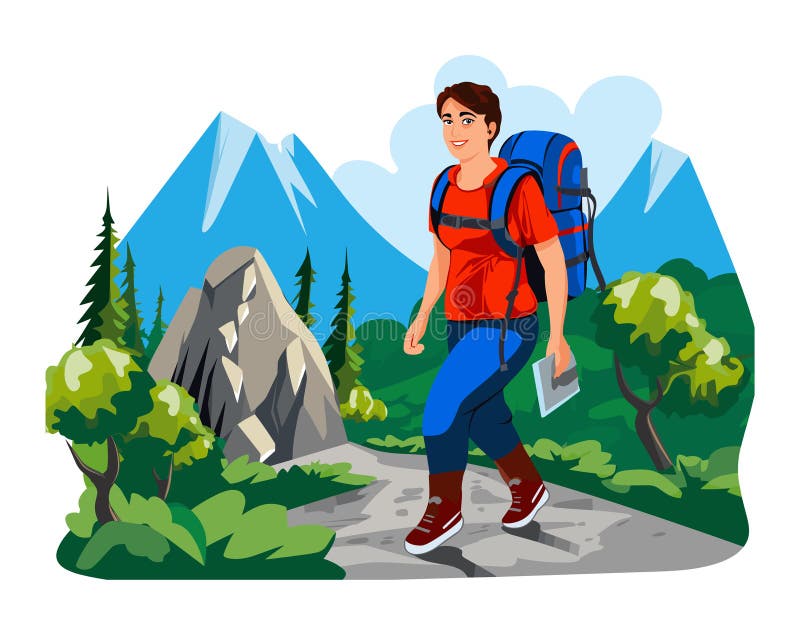 Young male hiker trekking trail mountains nature scene. Smiling backpacker walking outdoor adventure mountainous terrain. Explorer carrying backpack journey hiking among high peaks forested. Young male hiker trekking trail mountains nature scene. Smiling backpacker walking outdoor adventure mountainous terrain. Explorer carrying backpack journey hiking among high peaks forested