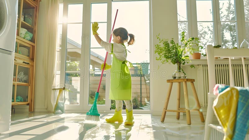 A cheerful person with a mop cleans sun-filled room, expressing positivity and domestic life. AI. A cheerful person with a mop cleans sun-filled room, expressing positivity and domestic life. AI