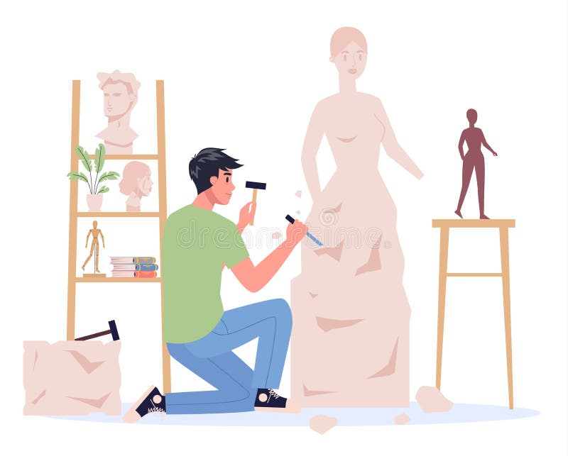 Young sculptor working. Creating sculpture of the marble. Creative artist. Art and hobby. Isolated vector illustration in flat style. Young sculptor working. Creating sculpture of the marble. Creative artist. Art and hobby. Isolated vector illustration in flat style