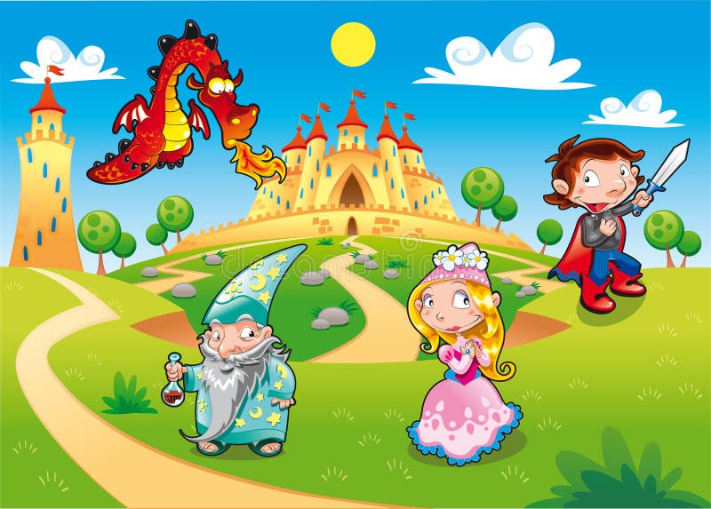 Medieval Age - Princess, Prince, Dragon, Magician Funny cartoon illustration with background. Medieval Age - Princess, Prince, Dragon, Magician Funny cartoon illustration with background.