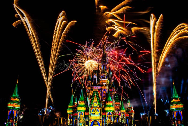 Orlando, Florida. December 05, 2019. Happily Ever After is Spectacular fireworks show at Cinderella`s Castle in Magic Kingdom 14. Orlando, Florida. December 05, 2019. Happily Ever After is Spectacular fireworks show at Cinderella`s Castle in Magic Kingdom 14