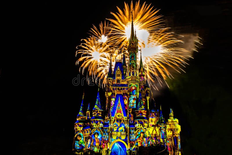 Orlando, Florida. December 05, 2019. Happily Ever After is Spectacular fireworks show at Cinderella`s Castle in Magic Kingdom 41. Orlando, Florida. December 05, 2019. Happily Ever After is Spectacular fireworks show at Cinderella`s Castle in Magic Kingdom 41