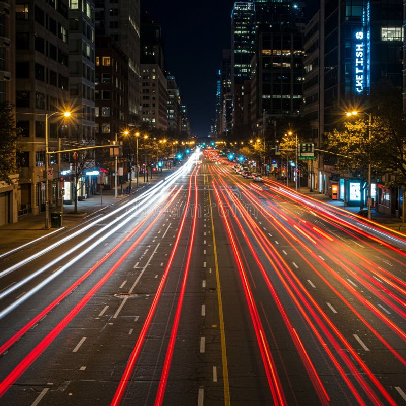 广道车辆长光照明的城市夜景. 向量例证