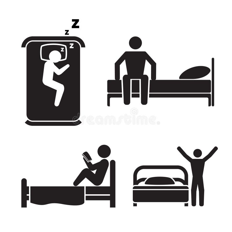 Person in bed icons. Hotel sleep signs. Wake up, silhouette person sleeper, bedroom in black. Vector illustration. Person in bed icons. Hotel sleep signs. Wake up, silhouette person sleeper, bedroom in black. Vector illustration