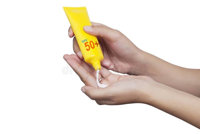Woman applying sunscreen on her hand isolate on white background with clipping path. SPF 50 and PA sunblock protection concept. Travel vacation. Woman applying sunscreen on her hand isolate on white background with clipping path. SPF 50 and PA sunblock protection concept. Travel vacation