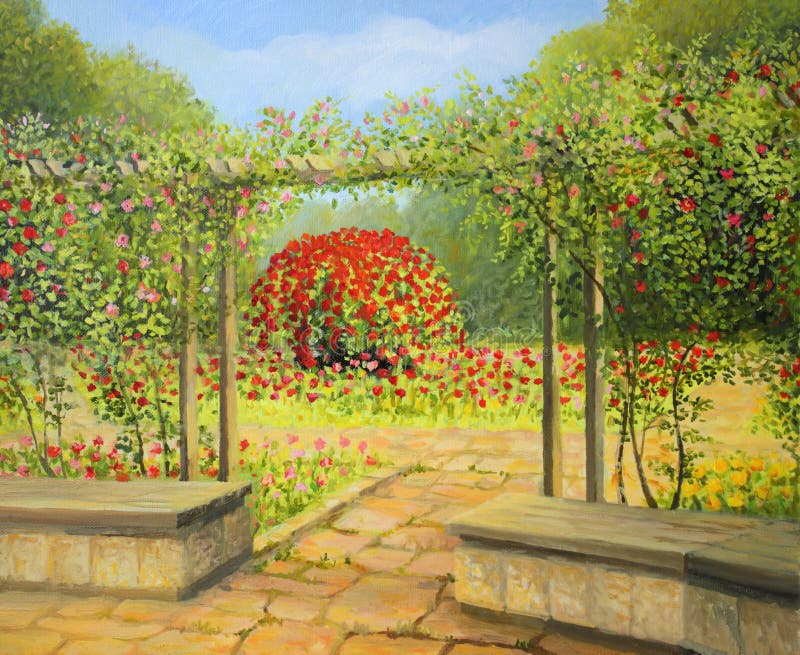 An oil painting on canvas of a beautiful rose garden in the park, with red, white and pink roses blooming in the spring. Relaxing and inviting place in the heart of the city. An oil painting on canvas of a beautiful rose garden in the park, with red, white and pink roses blooming in the spring. Relaxing and inviting place in the heart of the city.