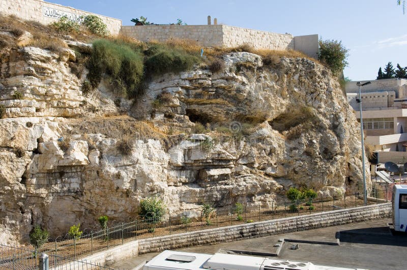 Rock with the shape of a skull near the Garden Tomb in Jerusalem. Pilgrims believe that this could be the rock Golgotha. Rock with the shape of a skull near the Garden Tomb in Jerusalem. Pilgrims believe that this could be the rock Golgotha.