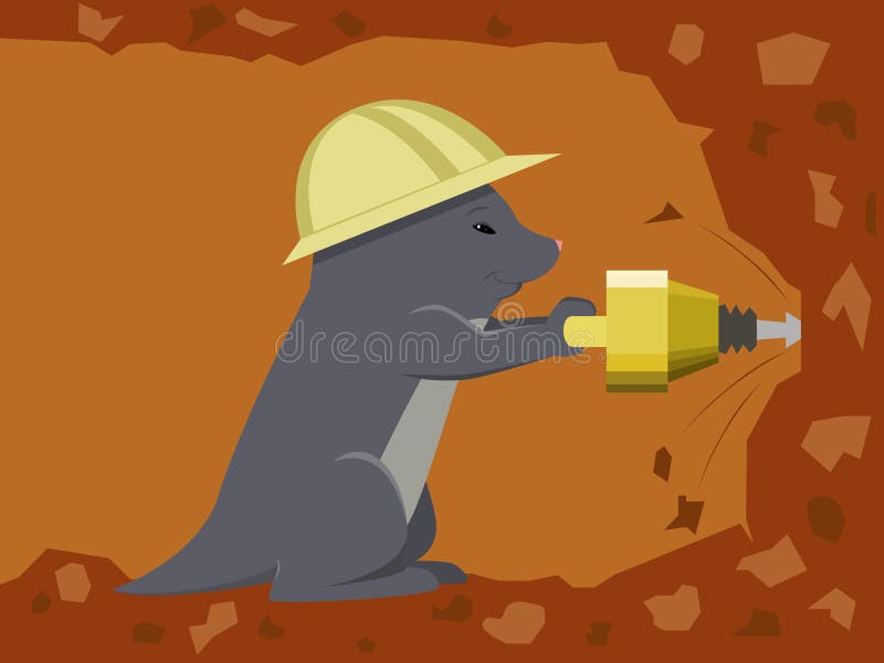 Vector illustration of the cartoon mole builder is digging a tunnel with a jackhammer. Vector illustration of the cartoon mole builder is digging a tunnel with a jackhammer