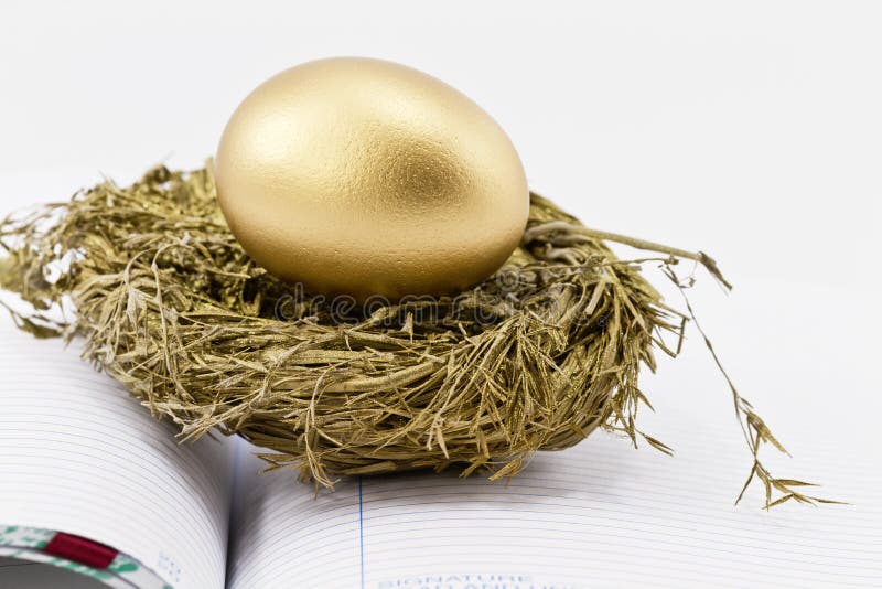 On an open ledger, a gold nest egg sits in sparkling gold nest; selective focus on nest egg;. On an open ledger, a gold nest egg sits in sparkling gold nest; selective focus on nest egg;