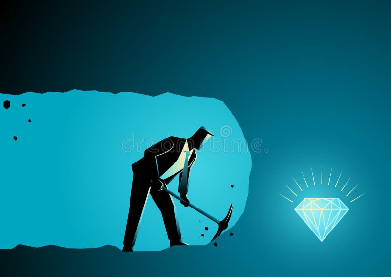 Business concept illustration of a businessman digging and mining to find treasure. Business concept illustration of a businessman digging and mining to find treasure
