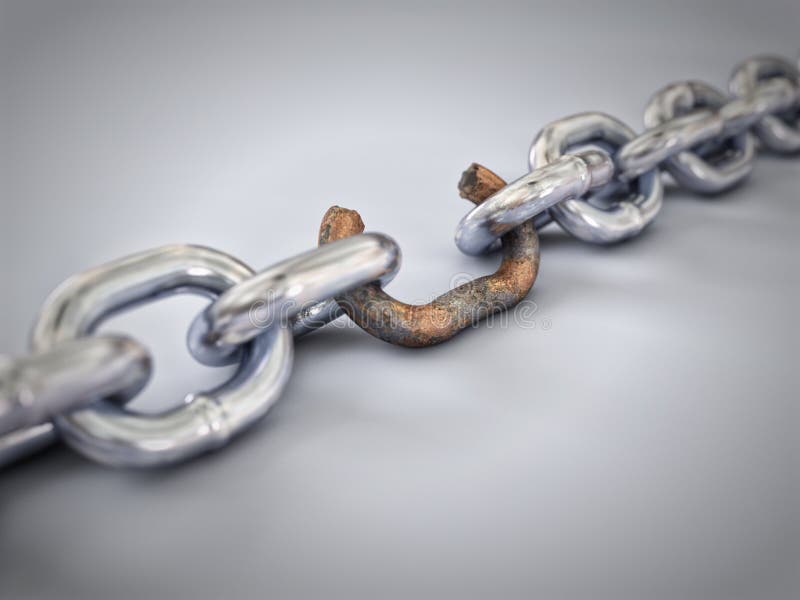 A chain with a broken link highlighted red to highlight the weak link. A chain with a broken link highlighted red to highlight the weak link.