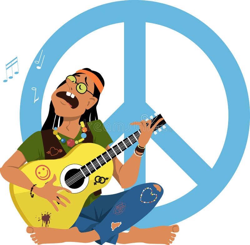 Man dressed in 1960s hippy fashion playing guitar and singing sitting in front of a peace sign, EPS 8 vector illustration. Man dressed in 1960s hippy fashion playing guitar and singing sitting in front of a peace sign, EPS 8 vector illustration