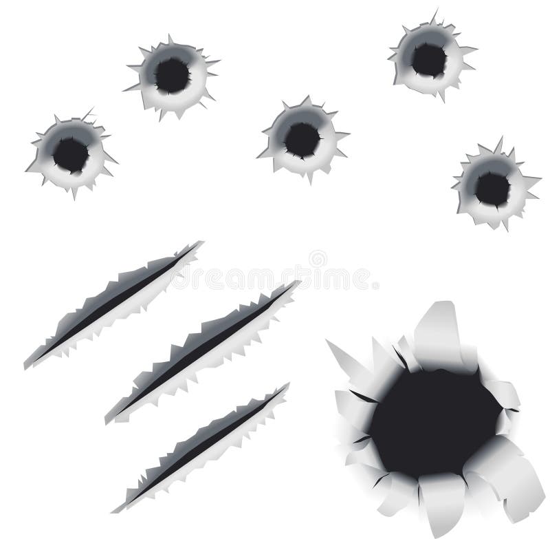 A collection of bullet holes and slashes. A collection of bullet holes and slashes.