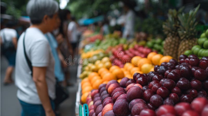 当地户外市场与人一起安排新鲜水果和蔬菜 免版税图库摄影