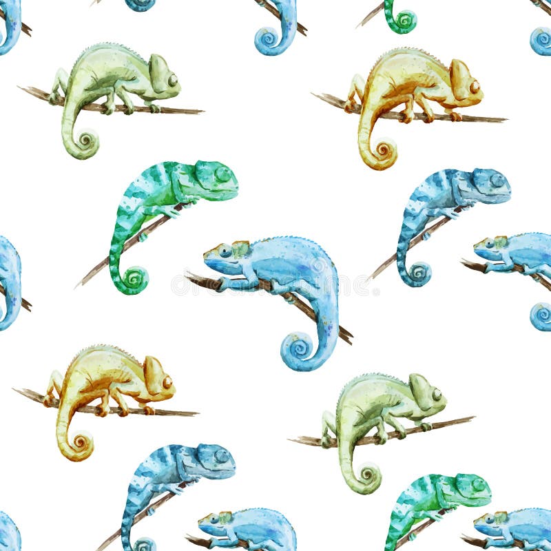 Beutiful watercolor vector pattern with reptiles chameleon. Beutiful watercolor vector pattern with reptiles chameleon