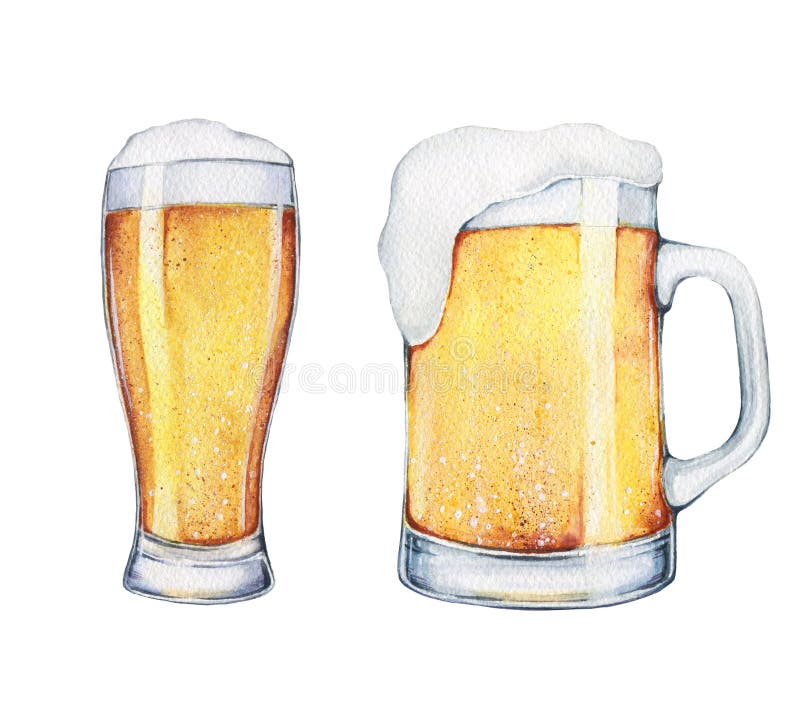 Watercolor beer glass and pint. Food illustration. With watercolor texture on background. Watercolor beer glass and pint. Food illustration. With watercolor texture on background