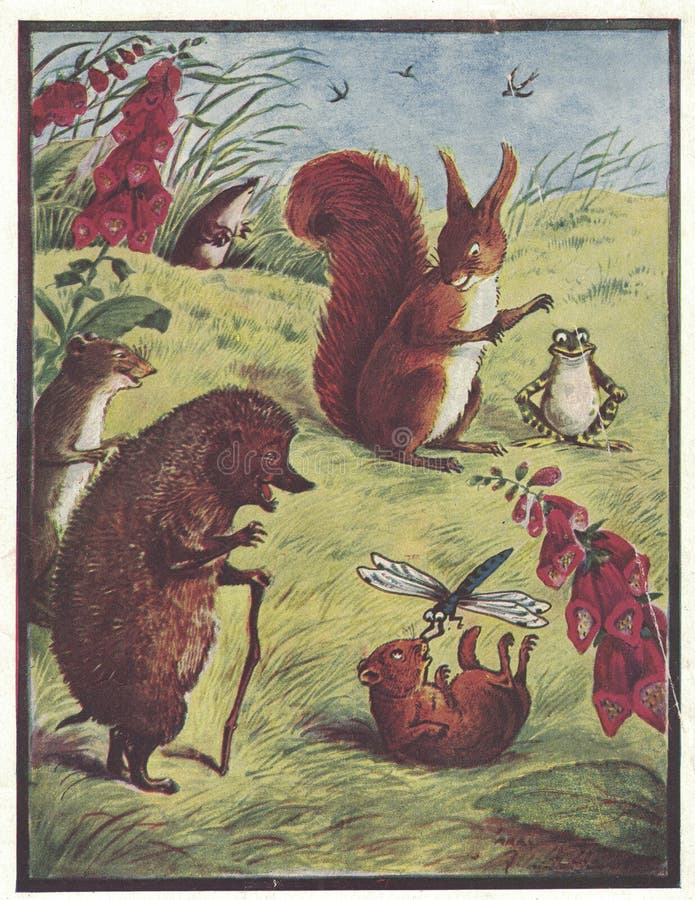 彩色古董插图显示，在草甸上，一个动物家庭刺猬的松鼠蛙. 古董画展 免版税图库摄影