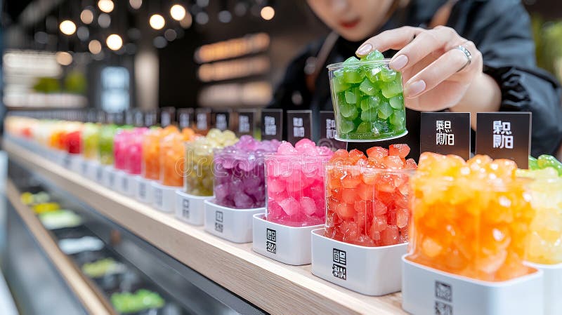 彩色水果味的木薯珍珠展示 向量例证