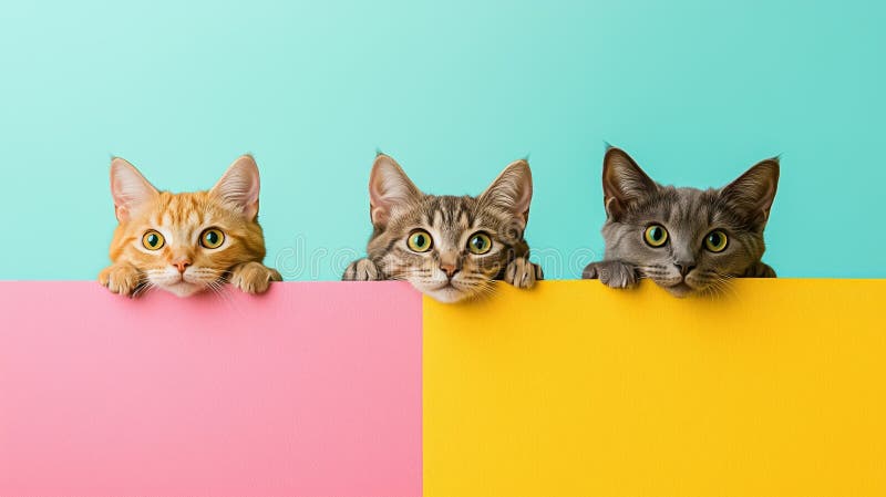 彩色背景中偷窥的三只猫 免版税图库摄影