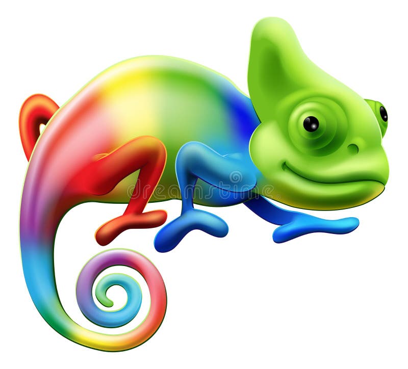 An illustration of a cartoon rainbow coloured chameleon. An illustration of a cartoon rainbow coloured chameleon