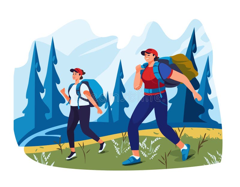 Two hikers trekking through mountainous forest landscape. Female male cartoon characters enjoying hiking adventure, wearing casual outdoor gear. Energetic young adults backpacks exploring nature. Two hikers trekking through mountainous forest landscape. Female male cartoon characters enjoying hiking adventure, wearing casual outdoor gear. Energetic young adults backpacks exploring nature