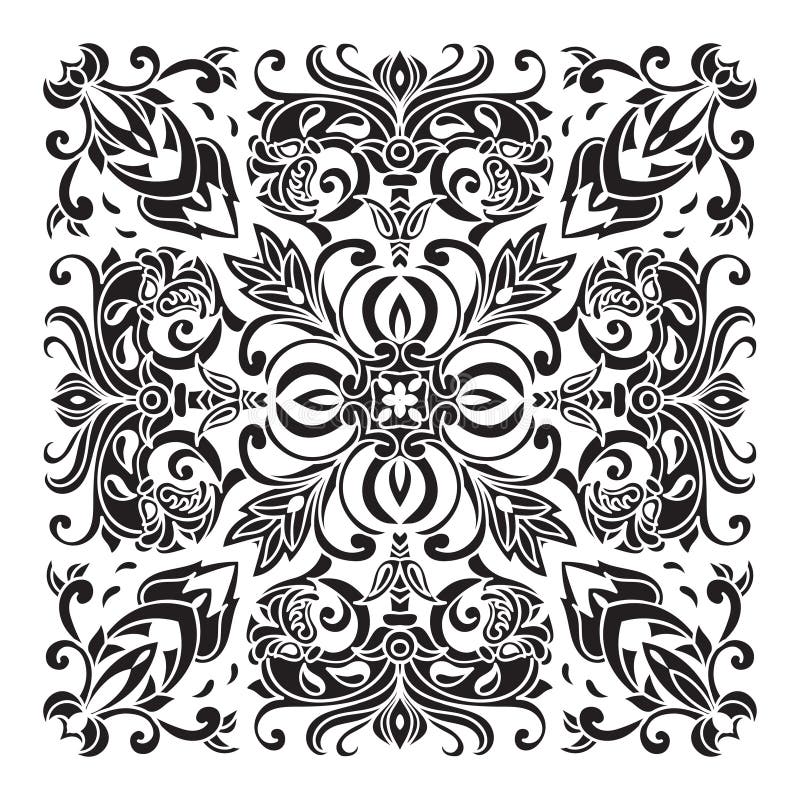 Hand drawing decorative tile pattern. Italian majolica style Black and white silhouette . Vector illustration. The best for your design, textiles, posters, tattoos, corporate identity. Hand drawing decorative tile pattern. Italian majolica style Black and white silhouette . Vector illustration. The best for your design, textiles, posters, tattoos, corporate identity