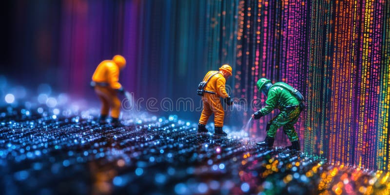 微型工人清洁代码的活跃数字景观 皇族释放例证