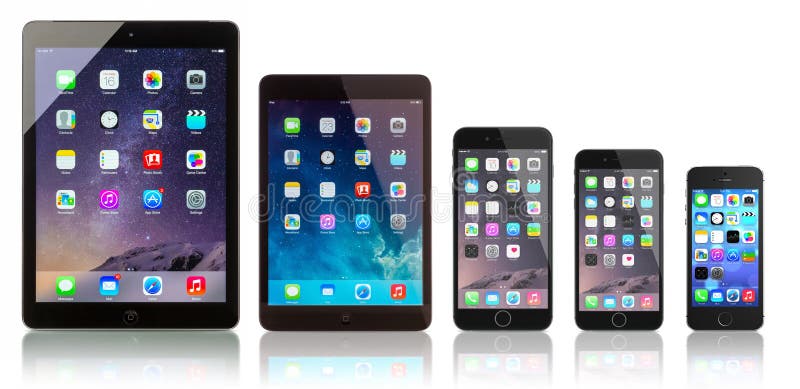 Apple Space Gray iPad Air, iPad Mini, iPhone 6 Plus, iPhone 6 and iPhone 5s on white background. All devices displaying home screen and produced by Apple Inc. Apple Space Gray iPad Air, iPad Mini, iPhone 6 Plus, iPhone 6 and iPhone 5s on white background. All devices displaying home screen and produced by Apple Inc.