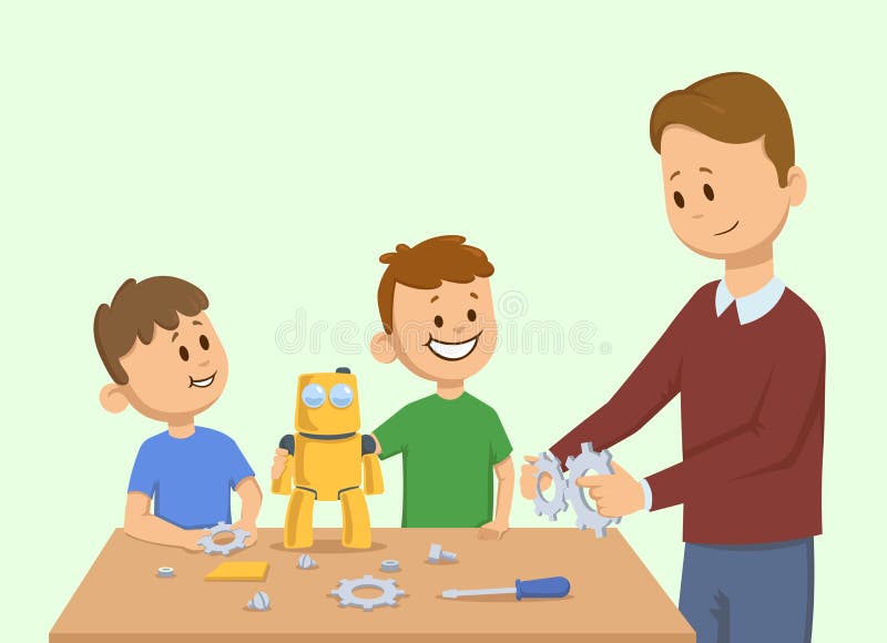 微笑的孩子和一起做黄色玩具机器人的一个人 装配孩子的人一个机器人 动画片传染媒介 库存例证 微笑的孩子和一起做黄色玩具机器人的一个人 装配孩子的人一个机器人 动画片传染媒介 库存例证