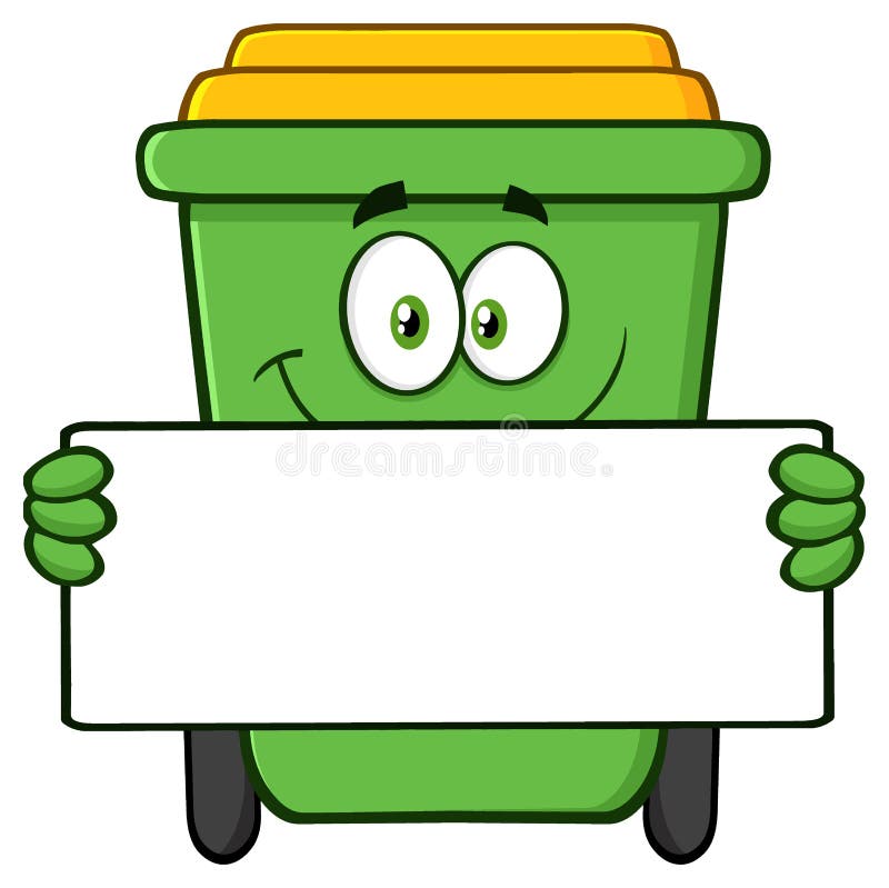 微笑的绿色回收站动画片拿着一个空白的标志的吉祥人字符