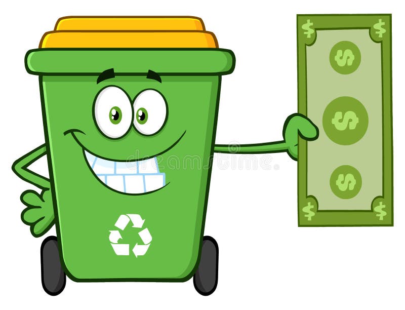 微笑的绿色回收站动画片拿着美金的吉祥人字符