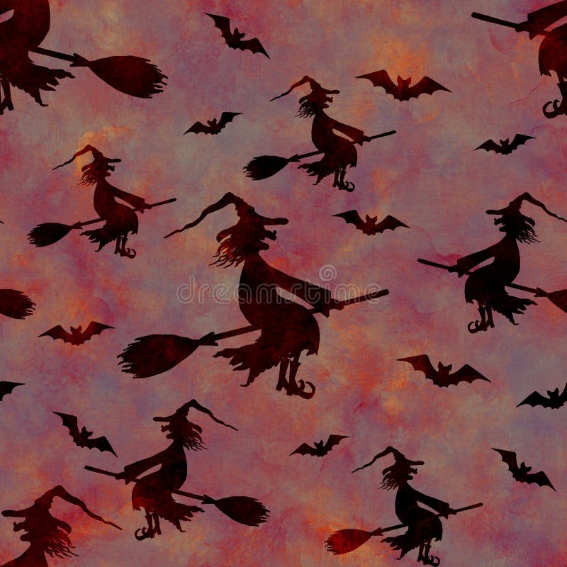 Silhouettes of smiling wicked witches flying on broomsticks. Grunge watercolor seamless pattern with spooky night background. Halloween, horror concept. Print for textile, wallpaper, wrapping paper. Silhouettes of smiling wicked witches flying on broomsticks. Grunge watercolor seamless pattern with spooky night background. Halloween, horror concept. Print for textile, wallpaper, wrapping paper
