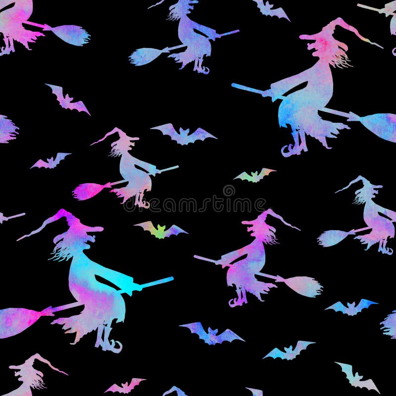 Silhouettes of smiling wicked witches flying on broomsticks. Grunge watercolor seamless pattern with spooky night background. Halloween, horror concept. Print for textile, wallpaper, wrapping paper. Silhouettes of smiling wicked witches flying on broomsticks. Grunge watercolor seamless pattern with spooky night background. Halloween, horror concept. Print for textile, wallpaper, wrapping paper