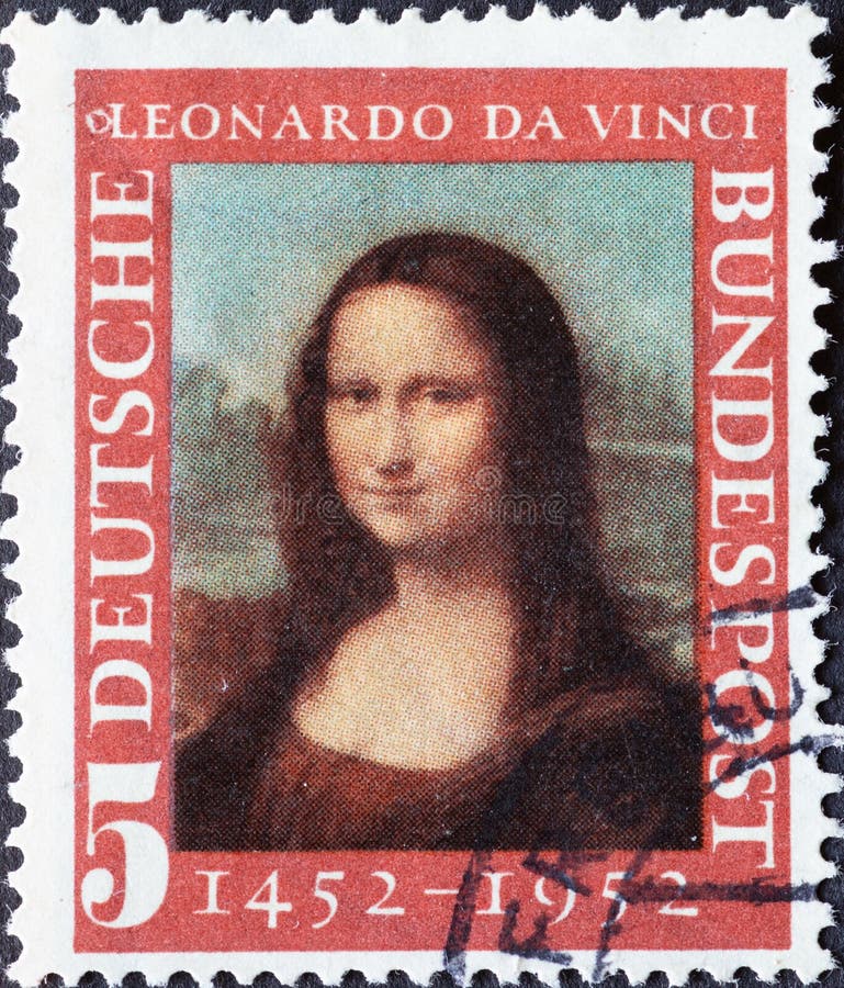 德国 — 1952年前后：一张印在德国的邮票，上面是1952年前后莱昂纳多·达·文钦绘制的蒙娜丽莎的肖像 库存照片