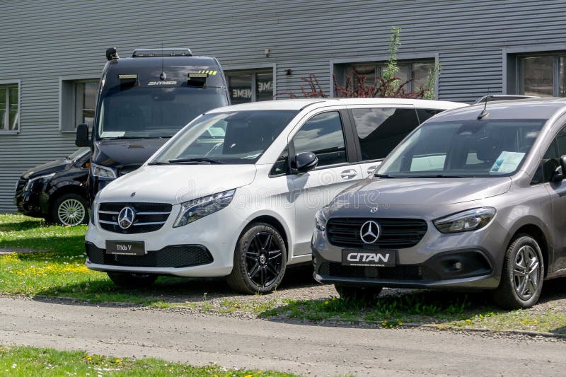 OSTRAVA, CZECH REPUBLIC - MAY 11, 2023: Mercedes-Benz V-Class and Citan vehicles presented at dealership of German luxury brand. OSTRAVA, CZECH REPUBLIC - MAY 11, 2023: Mercedes-Benz V-Class and Citan vehicles presented at dealership of German luxury brand