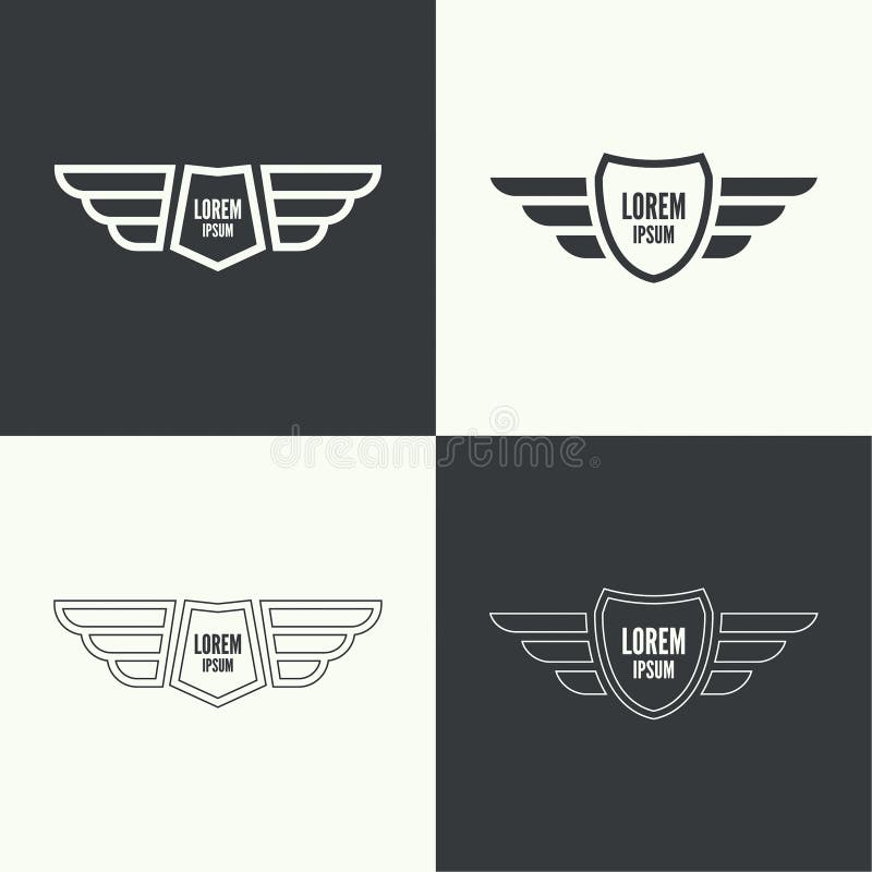 Badge and shield with wings. Symbol of military and civil aviation. Outline emblems. Badge and shield with wings. Symbol of military and civil aviation. Outline emblems