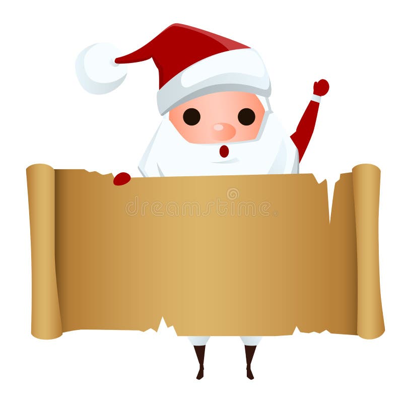 Merry Christmas. Santa Claus holding santa`s list old Paper. Christmas banner Cartoon Vector Illustration. Merry Christmas. Santa Claus holding santa`s list old Paper. Christmas banner Cartoon Vector Illustration.