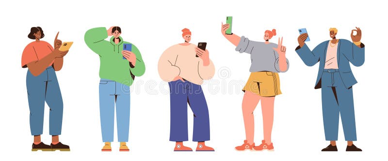 快乐的年轻人用手机看屏幕，和朋友聊天拍照 皇族释放例证