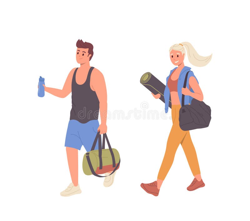 快乐的年轻健身男女卡通人物运动矢量图 向量例证