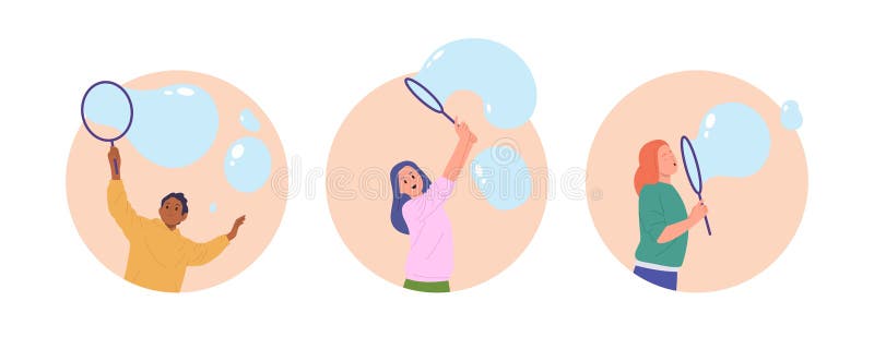 快乐的年轻卡通人物在泡沫展上狂欢 皇族释放例证