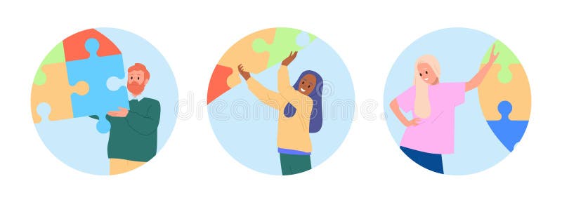 快乐的年轻卡通人物手持拼图拼图拼成慈善心形 库存例证