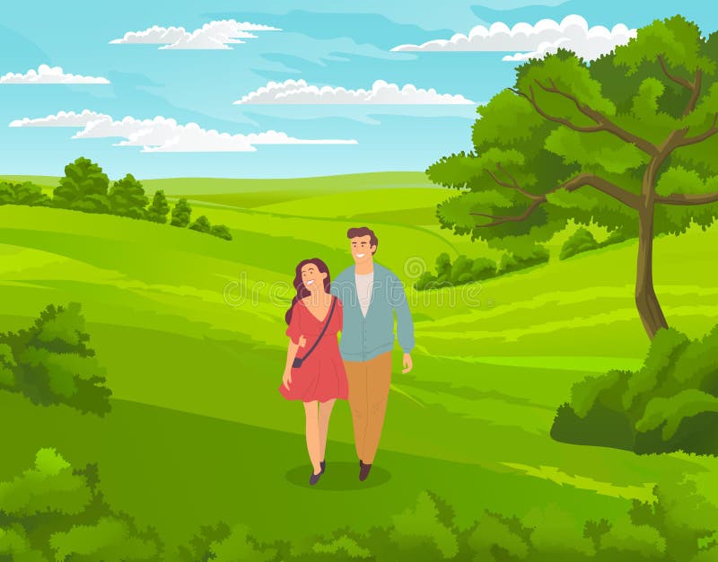 快乐的年轻夫妇在绿山里拥抱和散步，共度余生