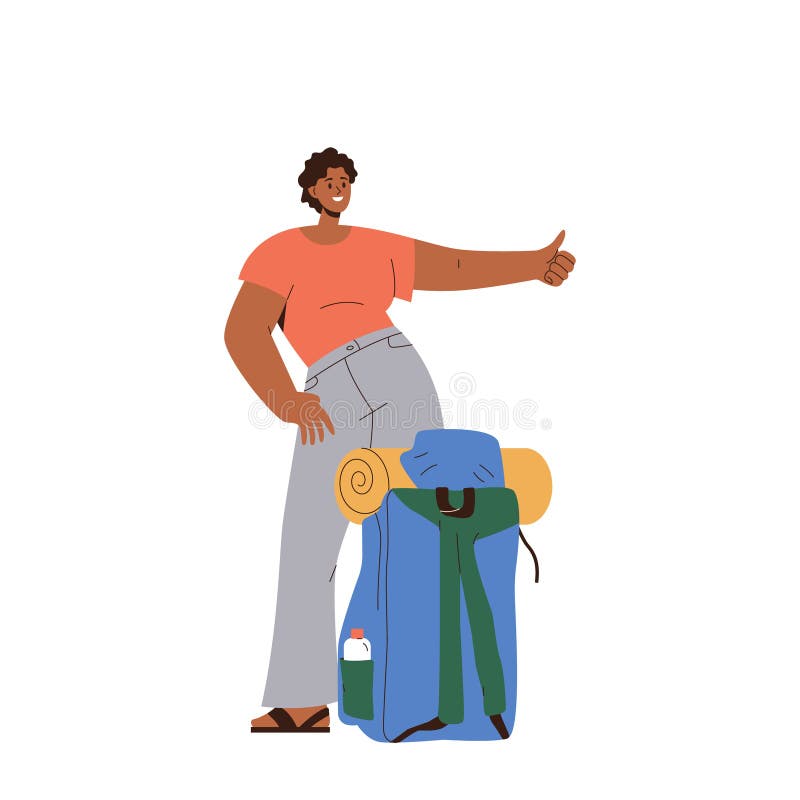 快乐的年轻女游客人物在高速公路上搭便车，站在大背包附近 皇族释放例证