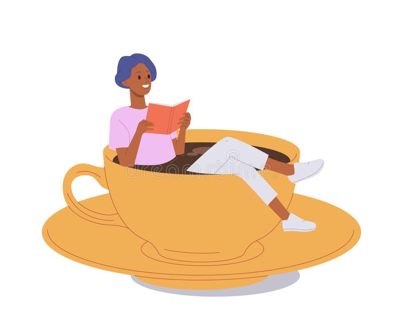 快乐的年轻放松的女子孤立卡通人物看巨型咖啡杯的书 库存例证