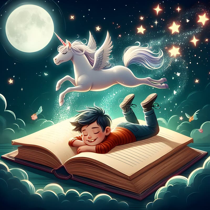 快乐的睡眠儿童奇幻书《星空独角兽》插图 皇族释放例证