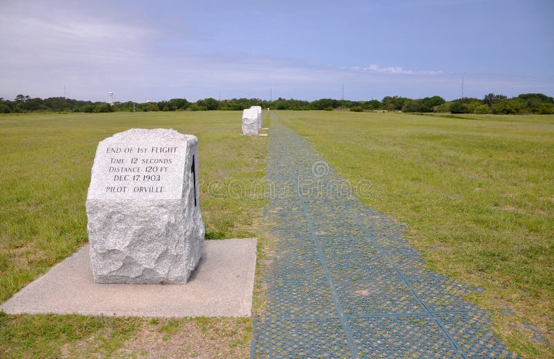 First Landing Spot and Launch Rail at Wright Brothers National Memorial, Kill Devil Hills, North Carolina, USA. First Landing Spot and Launch Rail at Wright Brothers National Memorial, Kill Devil Hills, North Carolina, USA