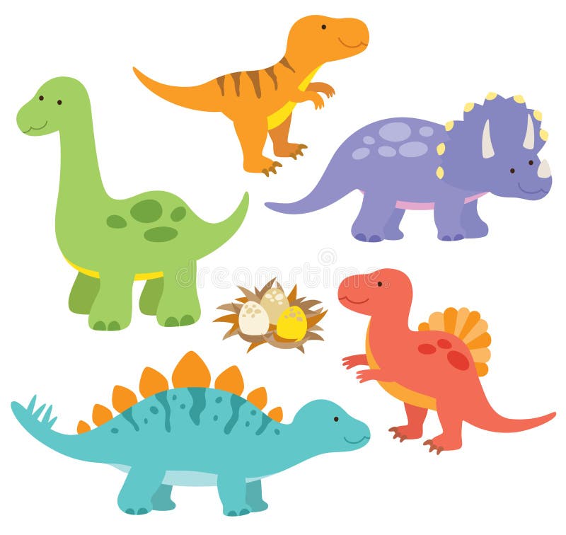 Illustration of dinosaurs including Stegosaurus, Brontosaurus, Velociraptor, Triceratops, Tyrannosaurus rex, Spinosaurus. Illustration of dinosaurs including Stegosaurus, Brontosaurus, Velociraptor, Triceratops, Tyrannosaurus rex, Spinosaurus.